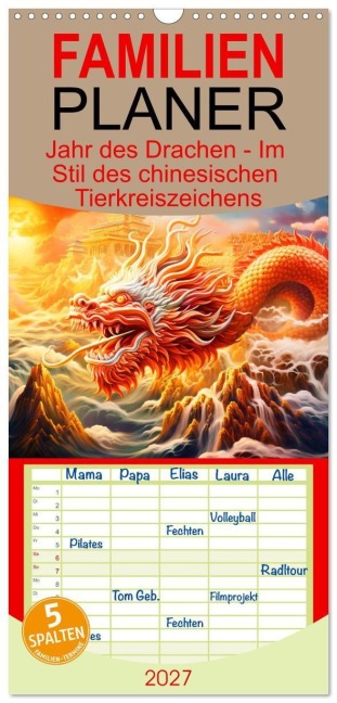 Familienplaner 2027 - Jahr des Drachen - Im Stil des chinesischen Tierkreiszeichens mit 5 Spalten (Wandkalender, 21 x 45 cm) CALVENDO - Anja Frost