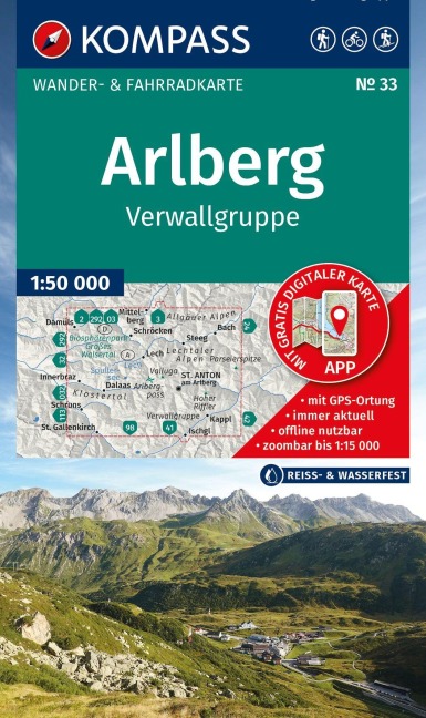 KOMPASS Wanderkarte 33 Arlberg, Verwallgruppe 1:50.000 - 