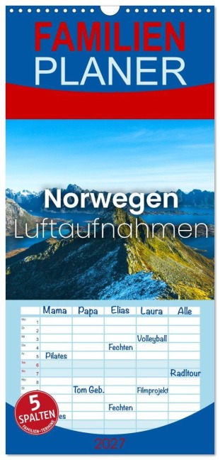Familienplaner 2027 - Norwegen Luftaufnahmen mit 5 Spalten (Wandkalender, 21 x 45 cm) CALVENDO - Sf