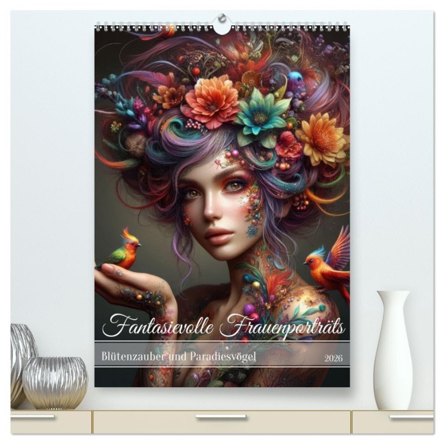 Fantasievolle Frauenporträts - Blütenzauber und Paradiesvögel (hochwertiger Premium Wandkalender 2026 DIN A2 hoch), Kunstdruck in Hochglanz - Fotodesign Verena Scholze
