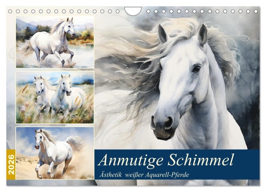 Anmutige Schimmel. Ästhetik weißer Aquarell-Pferde (Wandkalender 2026 DIN A4 quer), CALVENDO Monatskalender - Rose Hurley
