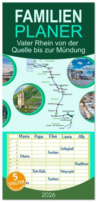 Familienplaner 2026 - Vater Rhein von der Quelle bis zur Mündung mit 5 Spalten (Wandkalender, 21 x 45 cm) CALVENDO - Claudia Kleemann