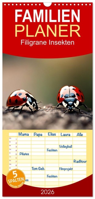 Familienplaner 2026 - Filigrane Insekten mit 5 Spalten (Wandkalender, 21 x 45 cm) CALVENDO - Claudia Kleemann