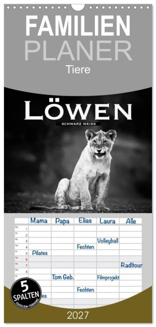 Familienplaner 2027 - Löwen schwarz weiß mit 5 Spalten (Wandkalender, 21 x 45 cm) CALVENDO - Robert Styppa