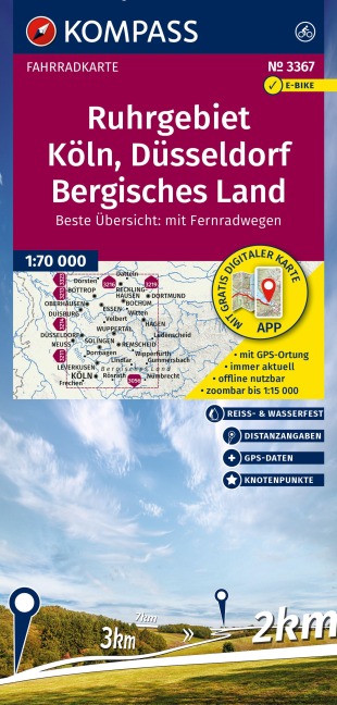 KOMPASS Fahrradkarte 3367 Ruhrgebiet, Köln, Düsseldorf, Bergisches Land mit Knotenpunkten 1:70.000 - 