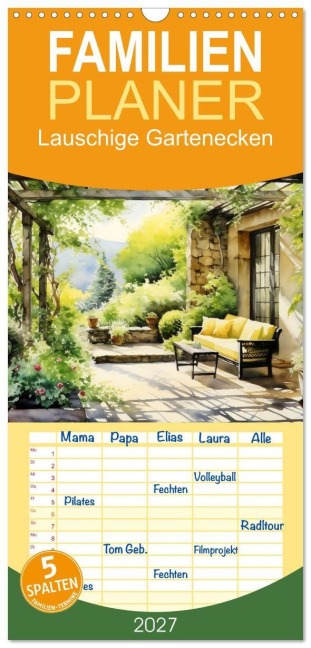 Familienplaner 2027 - Lauschige Gartenecken mit 5 Spalten (Wandkalender, 21 x 45 cm) CALVENDO - Daniela Tapper