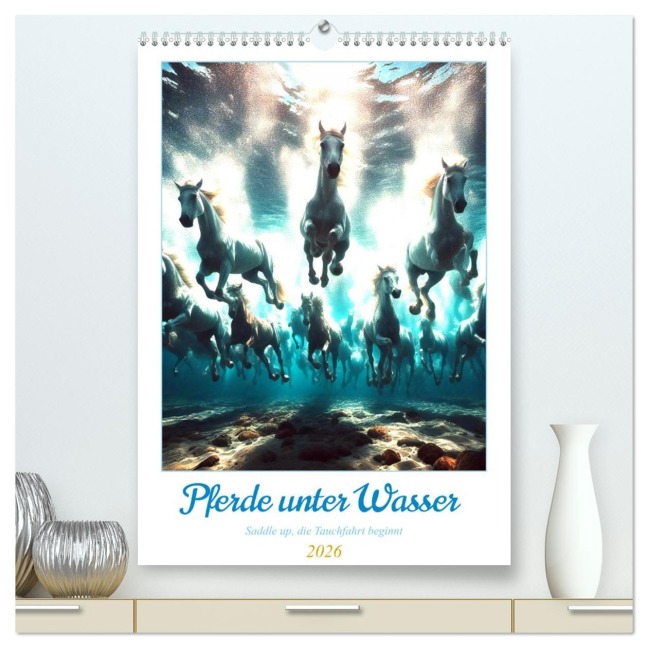 Pferde unter Wasser - Saddle up, die Tauchfahrt beginnt (hochwertiger Premium Wandkalender 2026 DIN A2 hoch), Kunstdruck in Hochglanz - Marco Warstat