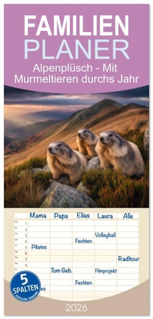 Familienplaner 2026 - Alpenplüsch - Mit Murmeltieren durchs Jahr mit 5 Spalten (Wandkalender, 21 x 45 cm) CALVENDO - Simone Wunderlich