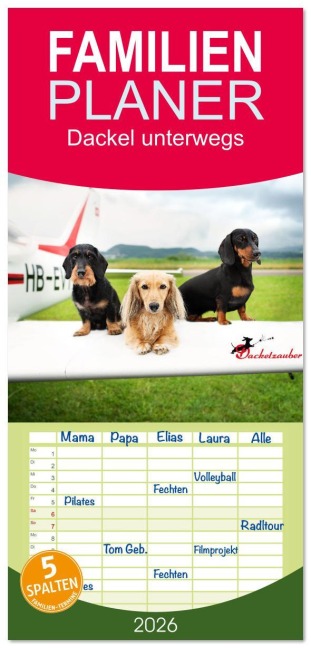 Familienplaner 2026 - Dackel unterwegs mit 5 Spalten (Wandkalender, 21 x 45 cm) CALVENDO - Dackelzauber Dackelzauber