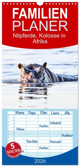 Familienplaner 2026 - Nilpferde, Kolosse in Afrika mit 5 Spalten (Wandkalender, 21 x 45 cm) CALVENDO - Robert Styppa