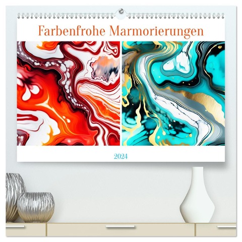 Farbenfrohe Marmorierungen (hochwertiger Premium Wandkalender 2024 DIN A2 quer), Kunstdruck in Hochglanz - Martina Marten