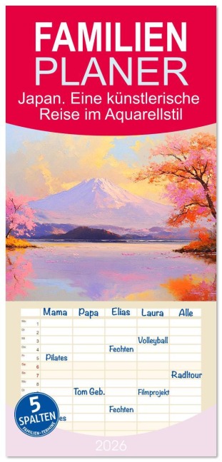 Familienplaner 2026 - Japan. Eine künstlerische Reise im Aquarellstil mit 5 Spalten (Wandkalender, 21 x 45 cm) CALVENDO - Rose Hurley