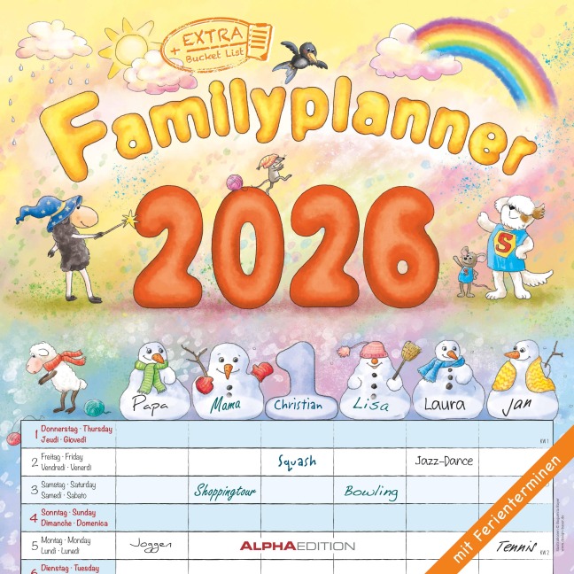 Familienplaner Cartoon 2026 - Broschürenkalender 30x30 cm (30x60 geöffnet) - Kalender mit Platz für Notizen - 6 Spalten - Bildkalender - Wandkalender - 