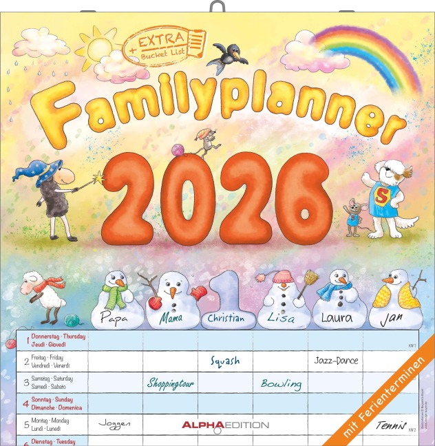 Familienplaner Cartoon 2026 - Broschürenkalender 30x30 cm (30x60 geöffnet) - Kalender mit Platz für Notizen - 6 Spalten - Bildkalender - Wandkalender - 