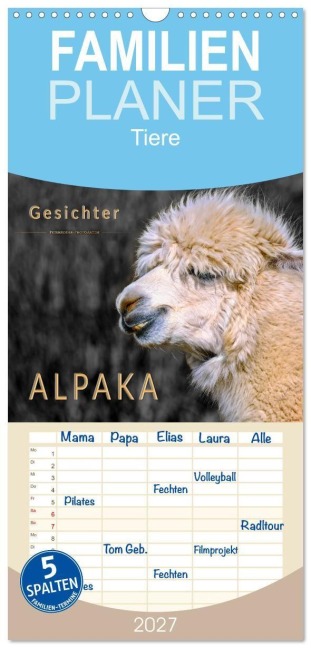 Familienplaner 2027 - Alpaka Gesichter mit 5 Spalten (Wandkalender, 21 x 45 cm) CALVENDO - Peter Roder