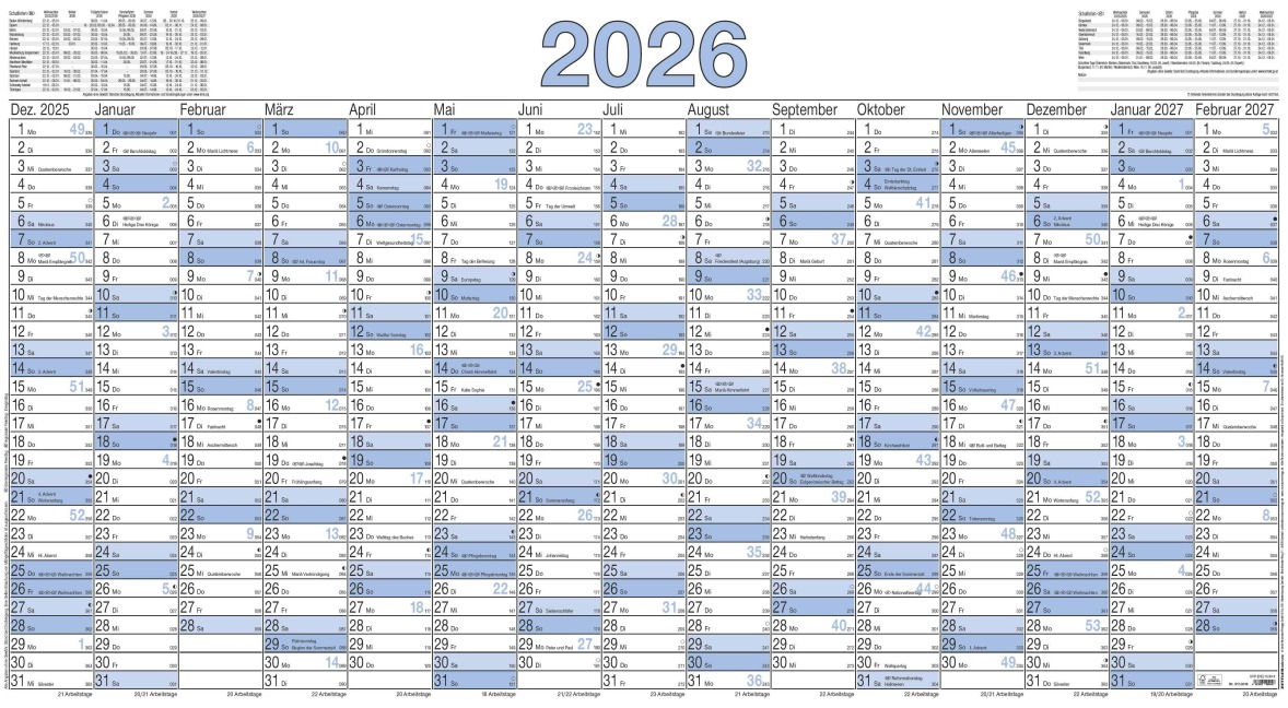 Plakatkalender 15 Mon 2026 - 140x77 - 5 Stk. gerollt - Jahresplaner - Wandplaner - 917-0015-1 - 
