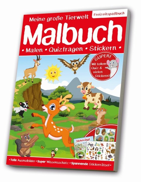 Meine große Tierwelt Malbuch: Malen, Quizfragen, Stickern - 