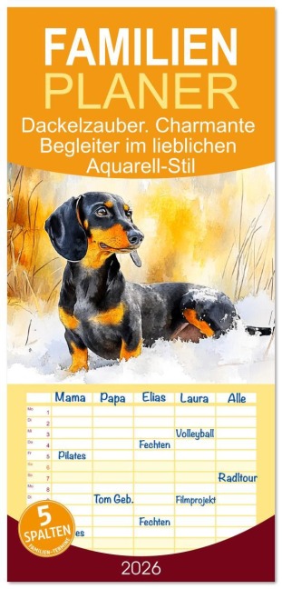 Familienplaner 2026 - Dackelzauber. Charmante Begleiter im lieblichen Aquarell-Stil mit 5 Spalten (Wandkalender, 21 x 45 cm) CALVENDO - Rose Hurley