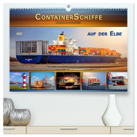 Containerschiffe auf der Elbe (hochwertiger Premium Wandkalender 2025 DIN A2 quer), Kunstdruck in Hochglanz - Peter Roder