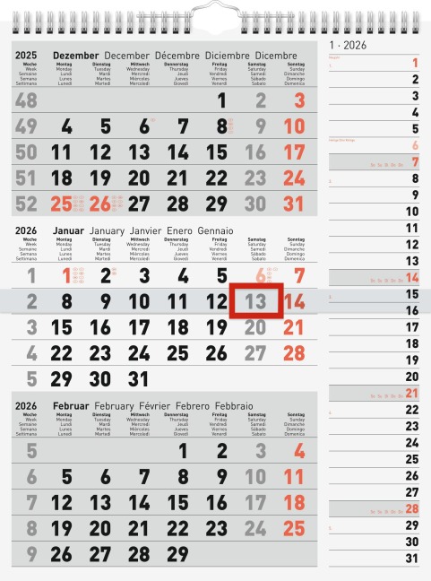 rido/idé 7033330006 | 3-Monatskalender 2026 | grau, 300×390 mm - 