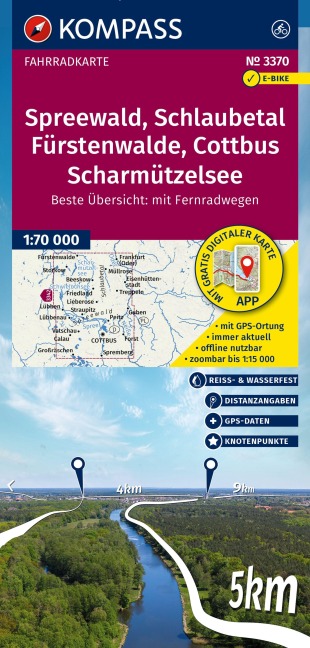 KOMPASS Fahrradkarte 3370 Spreewald, Schlaubetal, Fürstenwalde, Cottbus, Scharmützelsee mit Knotenpunkten 1:70.000 - 