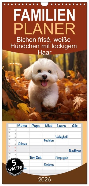 Familienplaner 2026 - Bichon frisé, weiße Hündchen mit lockigem Haar mit 5 Spalten (Wandkalender, 21 x 45 cm) CALVENDO - Sabine Löwer