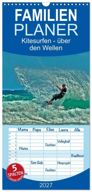 Familienplaner 2027 - Kitesurfen - über den Wellen mit 5 Spalten (Wandkalender, 21 x 45 cm) CALVENDO - Peter Roder