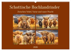 Cover-Bild zum Titel 'Schottische Hochlandrinder. Zwischen Nebel, Natur und rauer Pracht (Wandkalender 2026 DIN A2 quer), CALVENDO Monatskalender' von 'Rose Hurley'