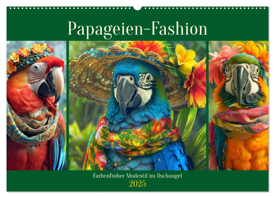 Papageien-Fashion. Farbenfroher Modestil im Dschungel (Wandkalender 2025 DIN A2 quer), CALVENDO Monatskalender - Rose Hurley