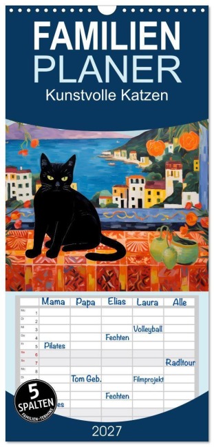Familienplaner 2027 - Kunstvolle Katzen mit 5 Spalten (Wandkalender, 21 x 45 cm) CALVENDO - HollywayArt HollywayArt