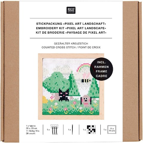 Stickpackung Gezählter Kreuzstich, Pixel Art Landschaft, medium, inkl. Dekostickrahmen quadratisch M - 