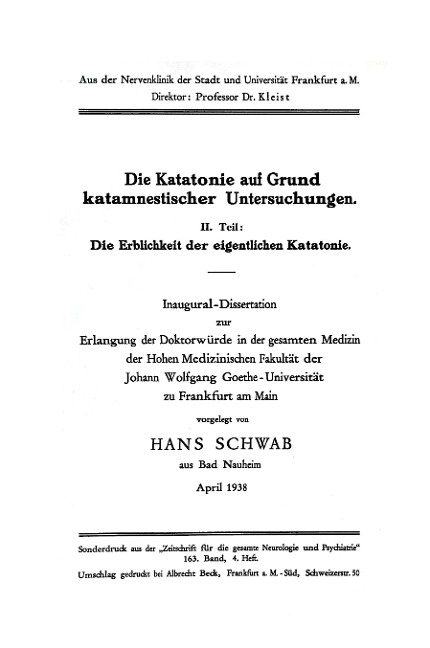 Die Katatonie auf Grund katamnestischer Untersuchungen - Hans Schwab