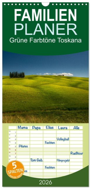 Familienplaner 2026 - Grüne Farbtöne Toskana mit 5 Spalten (Wandkalender, 21 x 45 cm) CALVENDO - Photostravellers Photostravellers