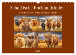 Cover-Bild zum Titel 'Schottische Hochlandrinder. Zwischen Nebel, Natur und rauer Pracht (Wandkalender 2026 DIN A3 quer), CALVENDO Monatskalender' von 'Rose Hurley'