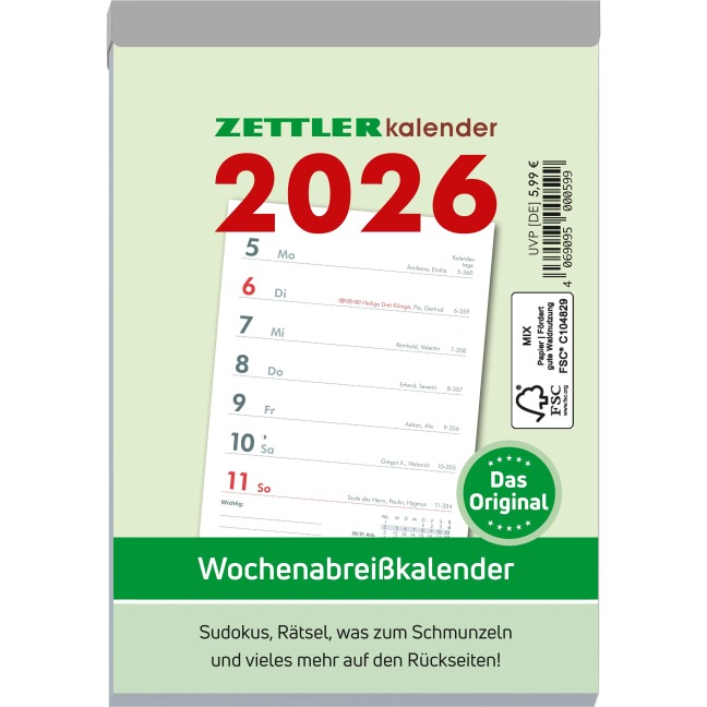 Wochenabreißkalender 2026 - 10,5x14,6 cm - 1 Woche auf 1 Seite - mit Sudokus, Rezepten, Rätseln uvm. auf den Rückseiten - Bürokalender 325-0000 - 