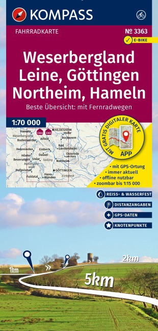 KOMPASS Fahrradkarte 3363 Weserbergland, Leine, Göttingen, Northeim, Hameln mit Knotenpunkten 1:70.000 - 