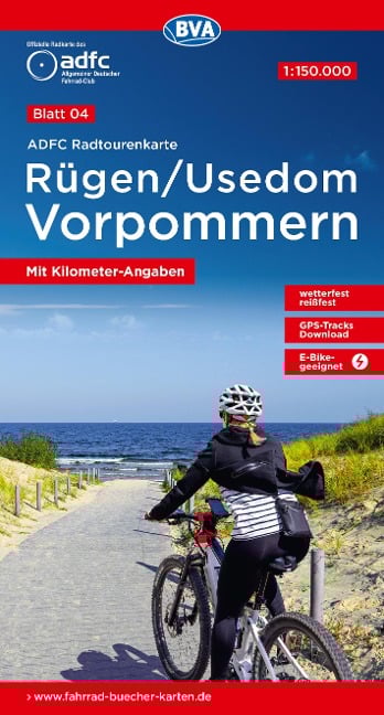 ADFC-Radtourenkarte 4 Rügen/Usedom Vorpommern 1:150.000, reiß- und wetterfest, E-Bike geeignet, GPS-Tracks Download, mit Kilometer-Angaben - 