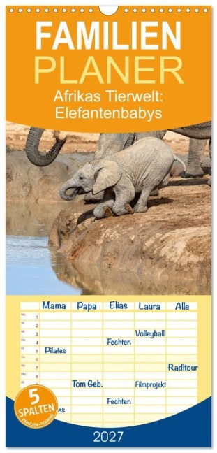 Familienplaner 2027 - Afrikas Tierwelt: Elefantenbabys mit 5 Spalten (Wandkalender, 21 x 45 cm) CALVENDO - Michael Voß