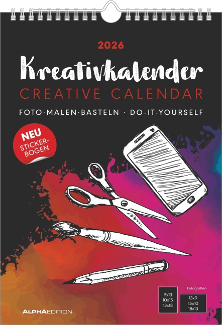 Kreativ-Kalender A4 schwarz  2026 - 21 x 29,7 -  Foto, Malen, Basteln - datiert - Kreativkalender - Foto-Kalender - Alpha Edition - 