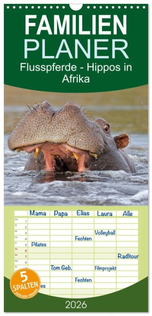 Familienplaner 2026 - Flusspferde Magie des Augenblicks - Hippos in Afrika mit 5 Spalten (Wandkalender, 21 x 45 cm) CALVENDO - Winfried Wisniewski