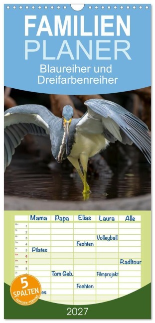Familienplaner 2027 - Blaureiher und Dreifarbenreiher mit 5 Spalten (Wandkalender, 21 x 45 cm) CALVENDO - Iris Editha Schacht