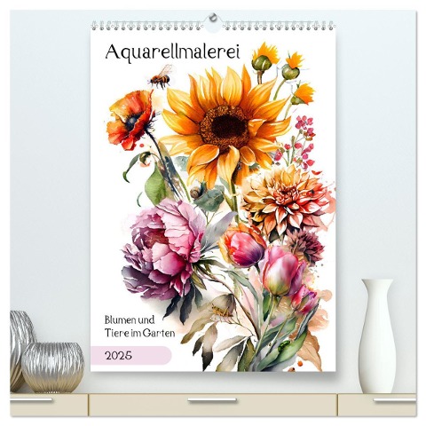 Aquarellmalerei - Blumen und Tiere im Garten (hochwertiger Premium Wandkalender 2025 DIN A2 hoch), Kunstdruck in Hochglanz - Anja Frost