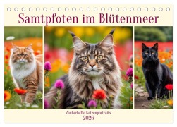 Cover-Bild zum Titel 'Samtpfoten im Blütenmeer (Tischkalender 2026 DIN A5 quer), CALVENDO Monatskalender' von 'Claudia Kleemann'