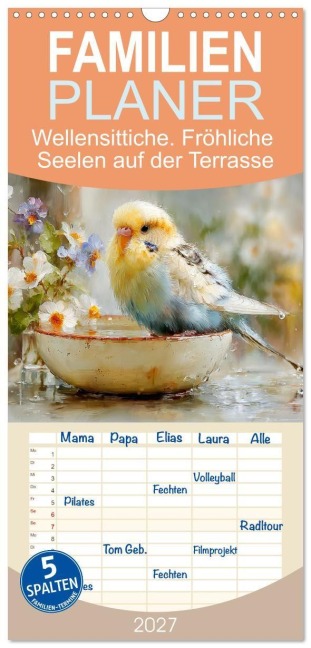 Familienplaner 2027 - Wellensittiche. Fröhliche Seelen auf der Terrasse mit 5 Spalten (Wandkalender, 21 x 45 cm) CALVENDO - Rose Hurley