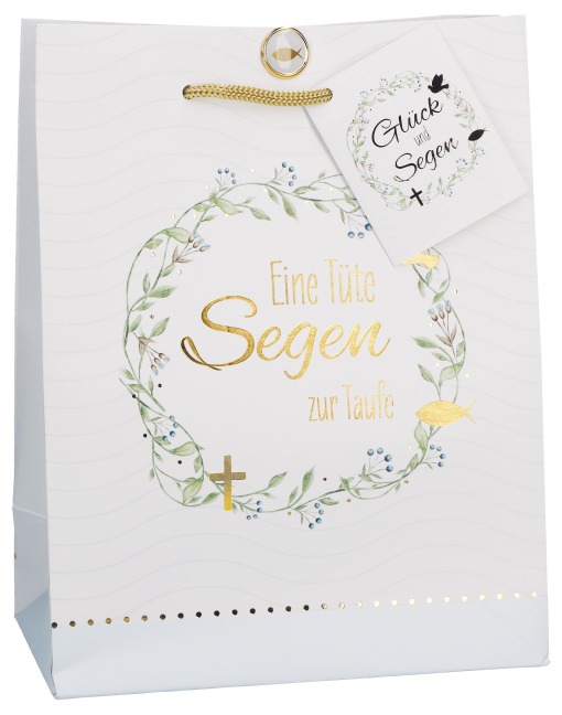 Butzon & Bercker Überraschungspaket Eine Tüte Segen zur Taufe 23 x 18 x 10 cm - farbig bedruckte Geschenktüte mit Folienprägung, Tragekordel und Herz-Brad Verschluss, liebevolles Taufgeschenk - 