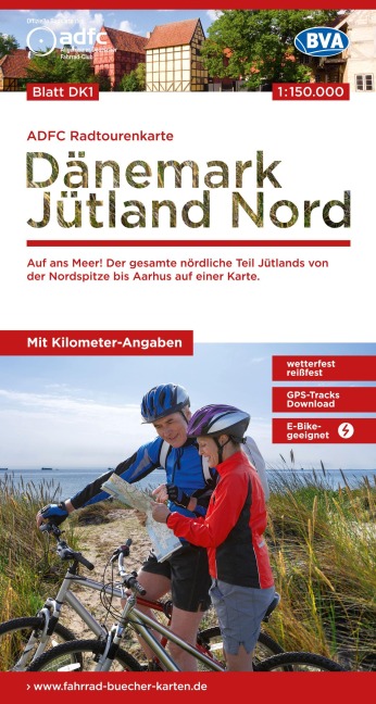 ADFC-Radtourenkarte DK1 Dänemark/Jütland Nord 1:150.000, reiß- und wetterfest, E-Bike geeignet, GPS-Tracks Download, mit Bett+Bike Symbolen, mit Kilometer-Angaben - 