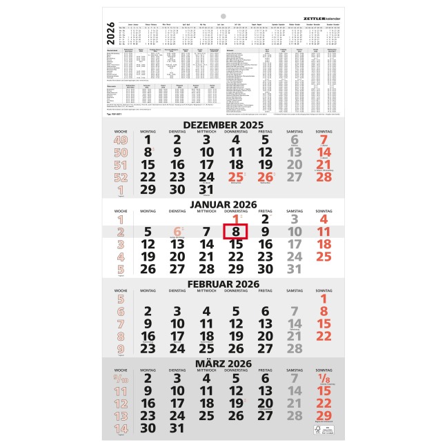 4-Monatskalender rot 2026 - 33x45 - mit Kopftafel - Datumsschieber-    959-0011-1 - 