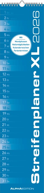 Streifenplaner XL BLAU 2026 - Streifenkalender 15x64 cm - Wandplaner - Küchenkalender - schmales Design - eine Spalte - Langplaner - 