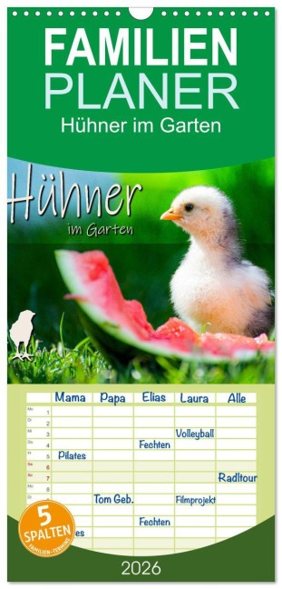 Familienplaner 2026 - Hühner im Garten mit 5 Spalten (Wandkalender, 21 x 45 cm) CALVENDO - Fotografie Zabel