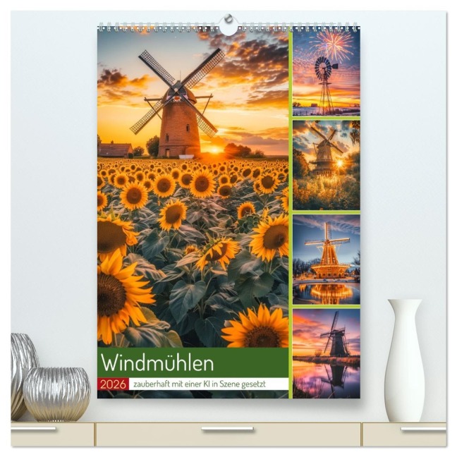 Windmühlen - Zauberhaft mit einer KI in Szene gesetzt (hochwertiger Premium Wandkalender 2026 DIN A2 hoch), Kunstdruck in Hochglanz - Steffen Gierok-Latniak
